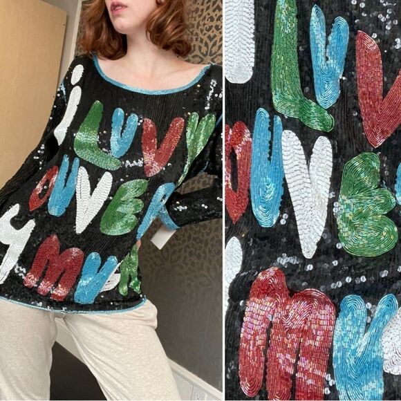 Vintage Tops - Vintage 80’s I ‘Love You Very Much’ sequined and beaded pullover blouse